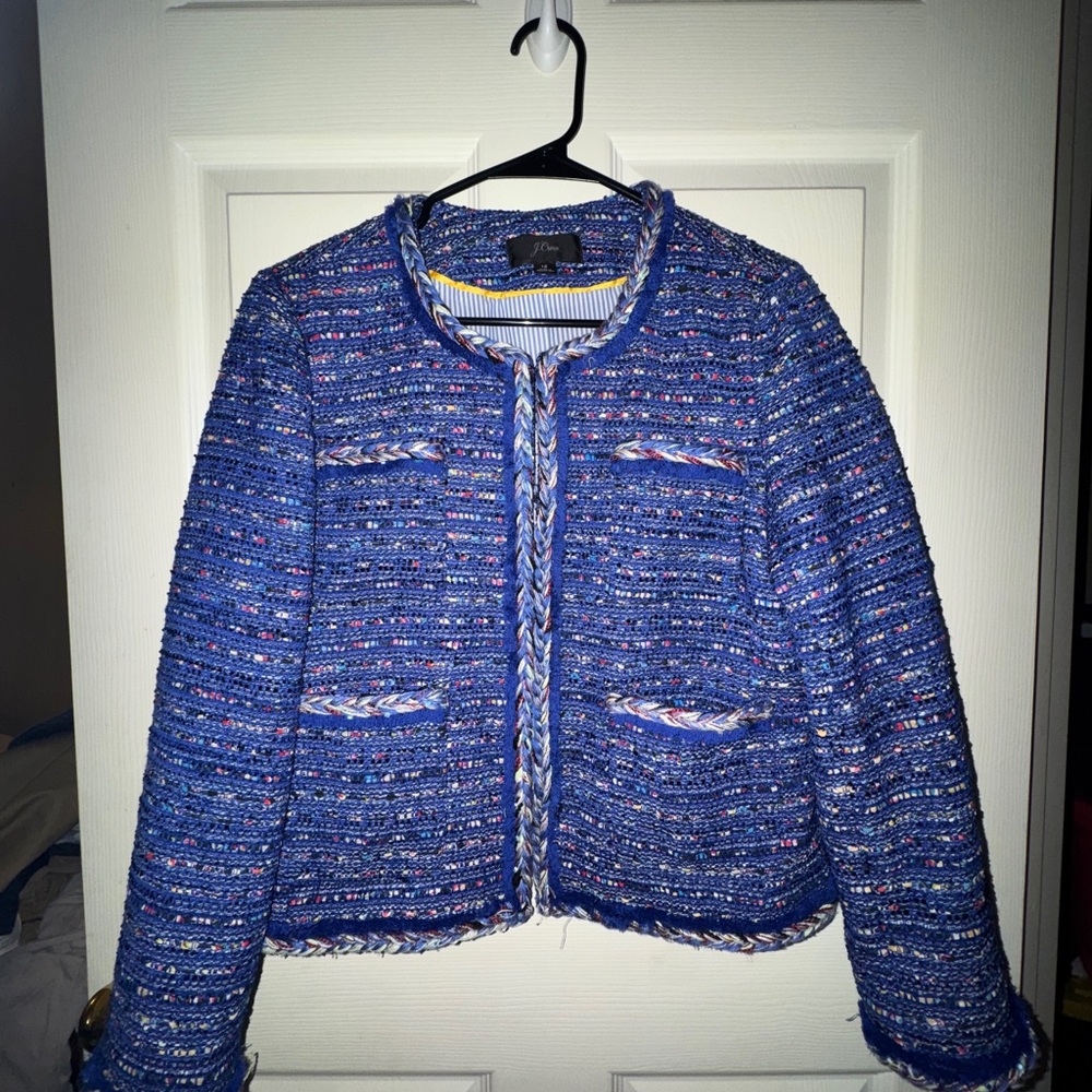 J.Crew Old Money Tweed Braided Trim Lady Jacket in Cobalt Rainbow Size 12
